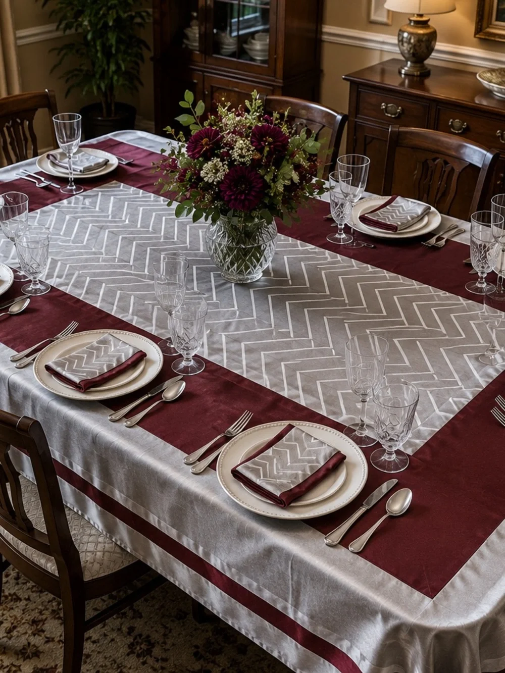 Vintage 1960s Burgundy Silver Geometric Tablecloth 109x69 + 8 Napkins